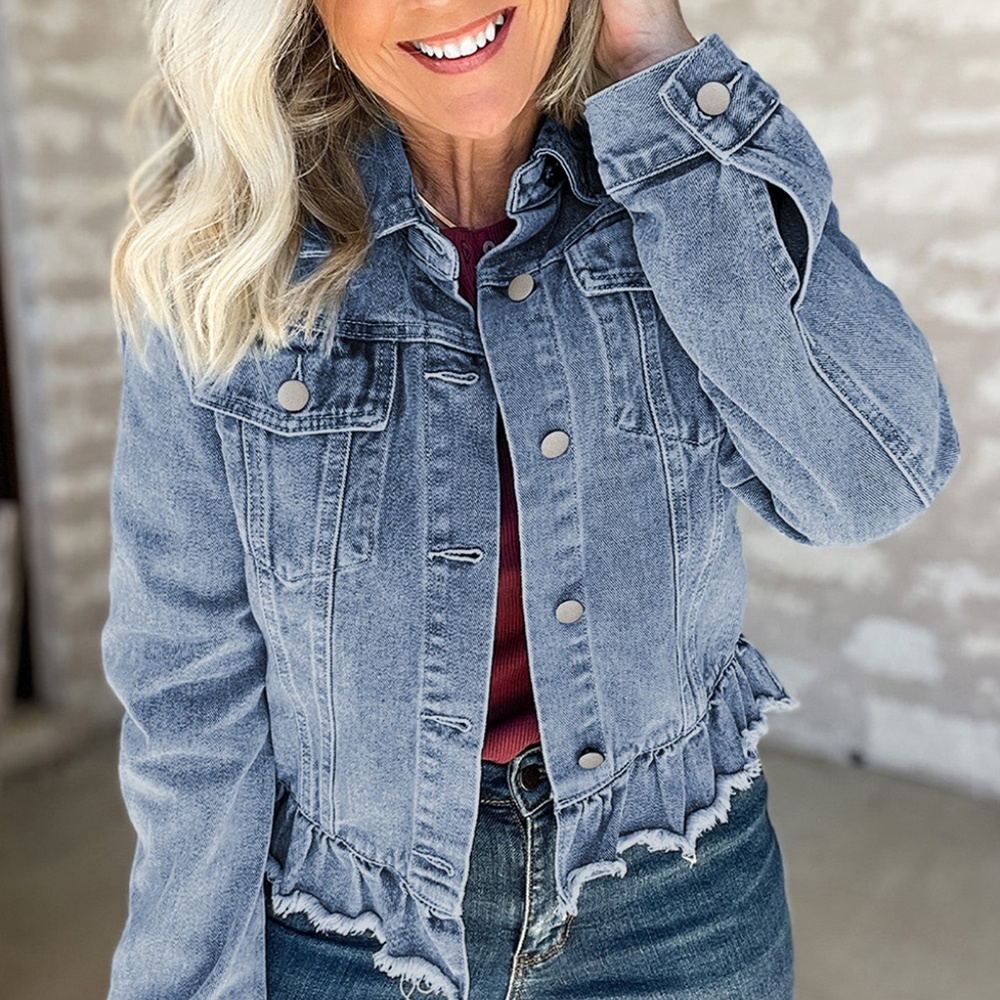 Ruffle Hem Light Wash Denim Jacket - Blue